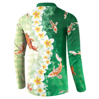 Hawaii And Japan Button Sweatshirt Plumeria Lei With Koi Fish Green LT05 - Polynesian Pride