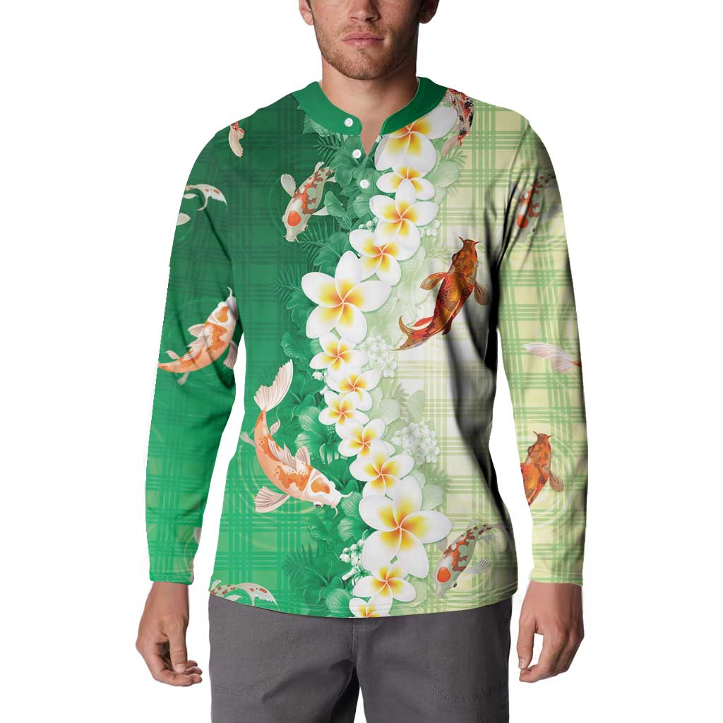 Hawaii And Japan Button Sweatshirt Plumeria Lei With Koi Fish Green LT05 - Polynesian Pride