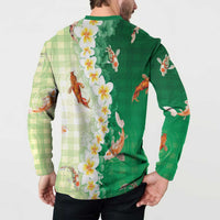 Hawaii And Japan Button Sweatshirt Plumeria Lei With Koi Fish Green LT05 - Polynesian Pride