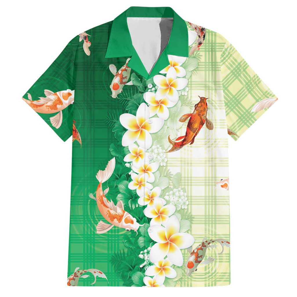 Hawaii And Japan Hawaiian Shirt Plumeria Lei With Koi Fish Green LT05 Green - Polynesian Pride
