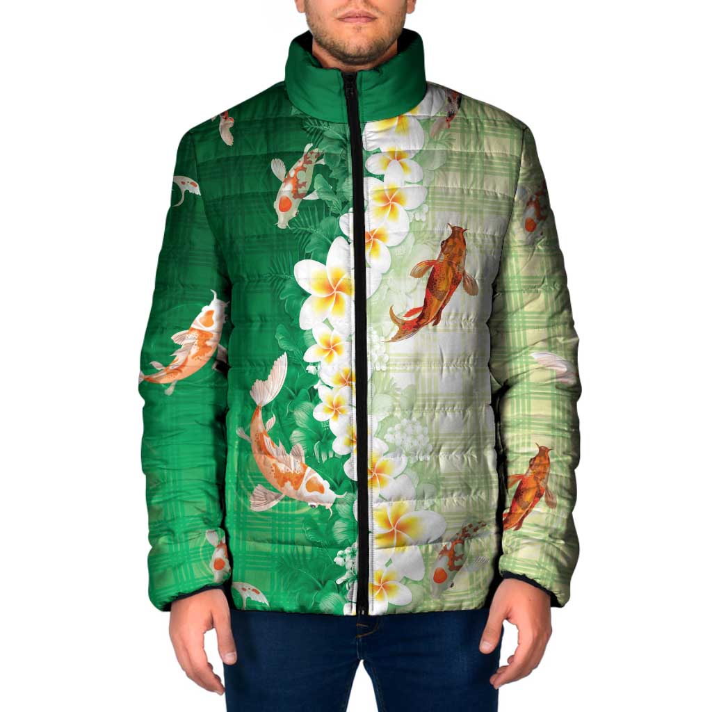 Hawaii And Japan Padded Jacket Plumeria Lei With Koi Fish Green LT05 Men Green - Polynesian Pride
