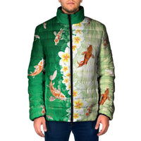 Hawaii And Japan Padded Jacket Plumeria Lei With Koi Fish Green LT05 Men Green - Polynesian Pride