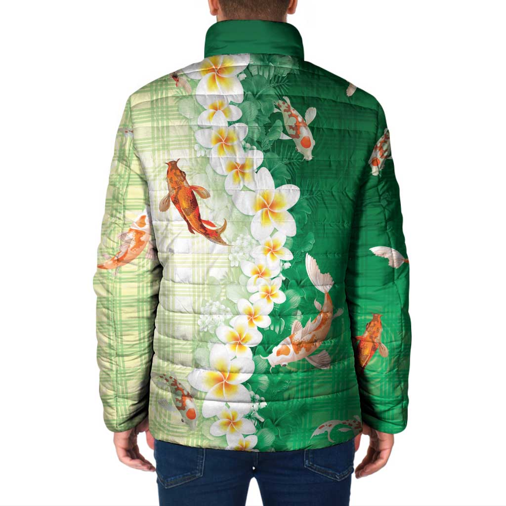 Hawaii And Japan Padded Jacket Plumeria Lei With Koi Fish Green LT05 - Polynesian Pride