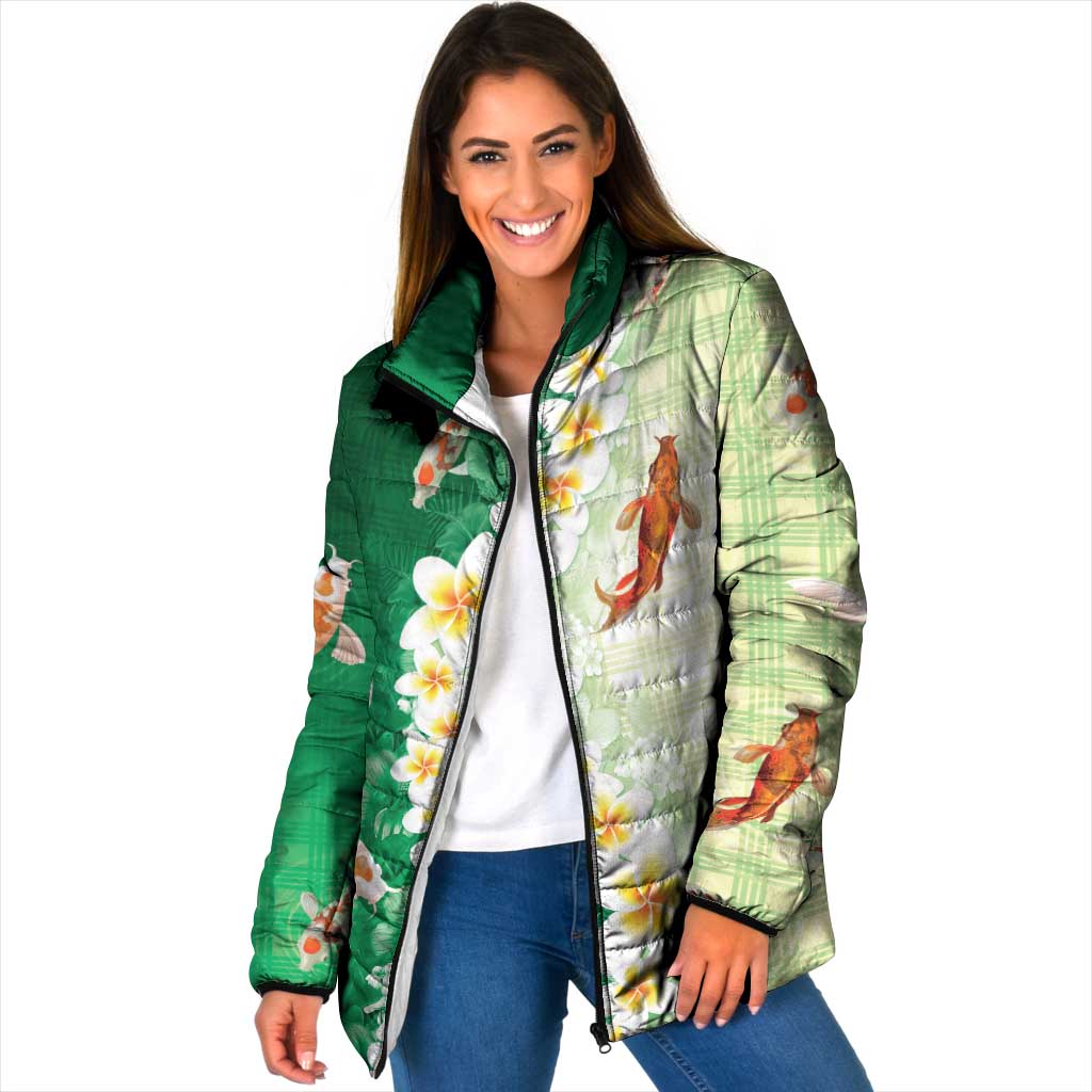 Hawaii And Japan Padded Jacket Plumeria Lei With Koi Fish Green LT05 Women Green - Polynesian Pride
