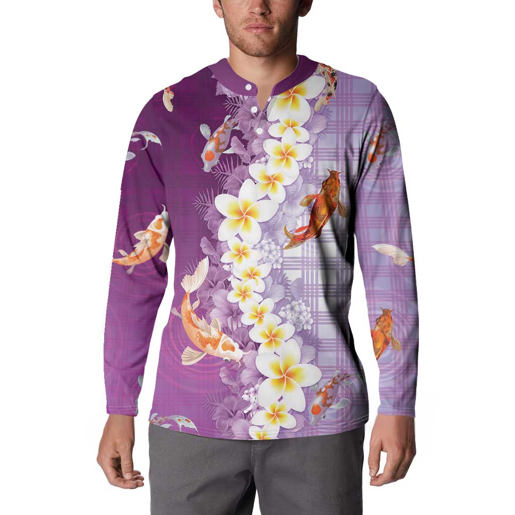Hawaii And Japan Button Sweatshirt Plumeria Lei With Koi Fish Purple LT05 - Polynesian Pride