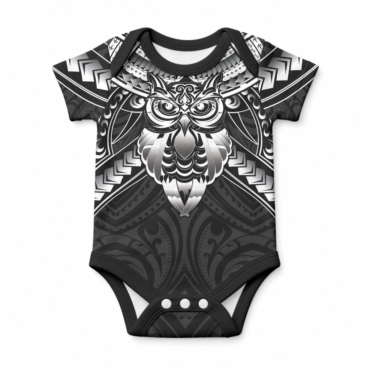 New Zealand Morepork Baby Onesie Maori Pattern Black LT05 Black - Polynesian Pride