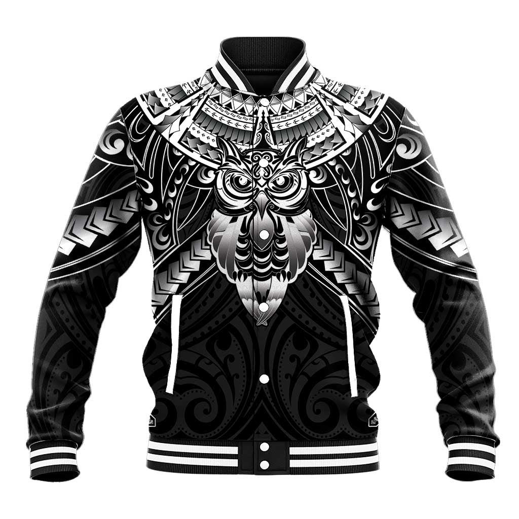 New Zealand Morepork Baseball Jacket Maori Pattern Black LT05 Unisex Black - Polynesian Pride
