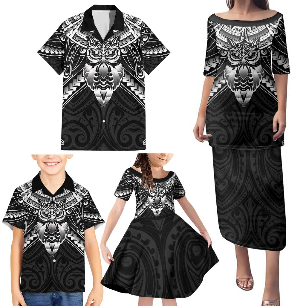 New Zealand Morepork Family Matching Puletasi and Hawaiian Shirt Maori Pattern Black