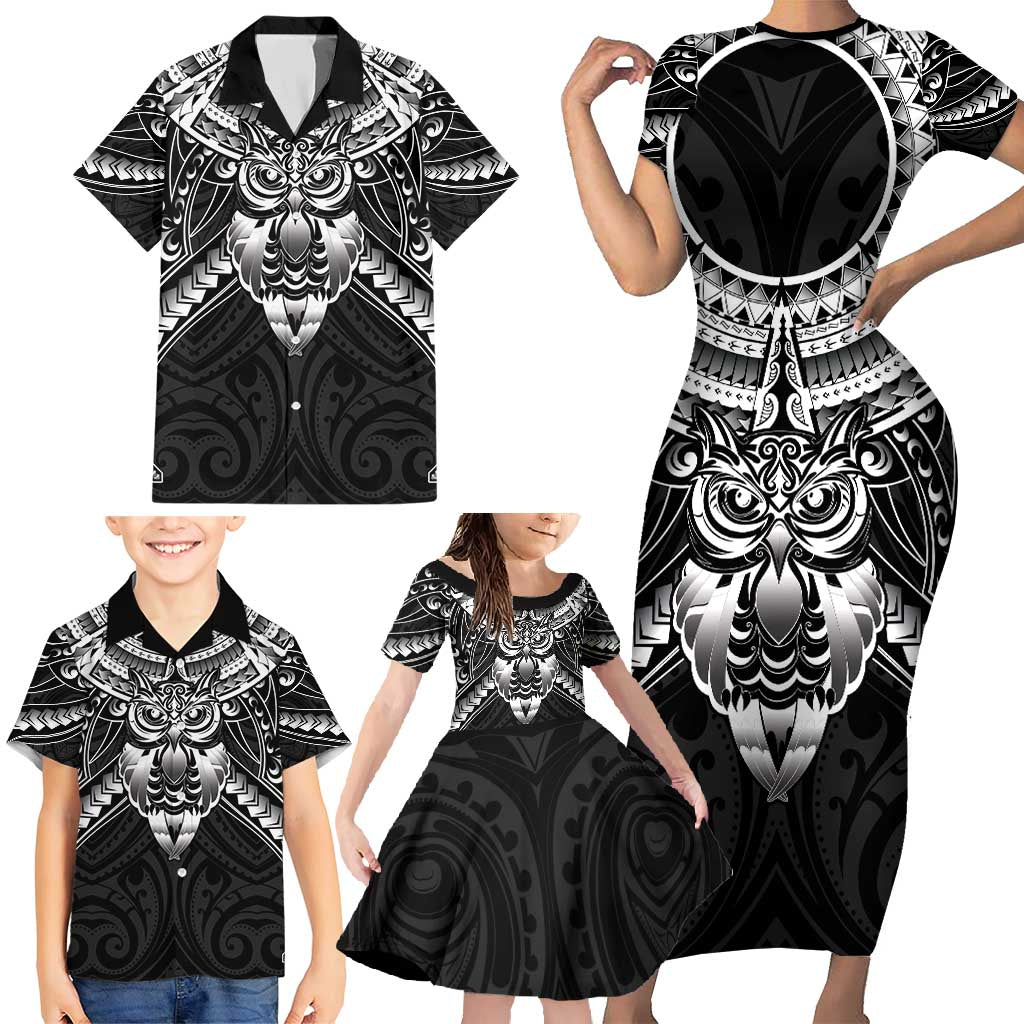 New Zealand Morepork Family Matching Short Sleeve Bodycon Dress and Hawaiian Shirt Maori Pattern Black