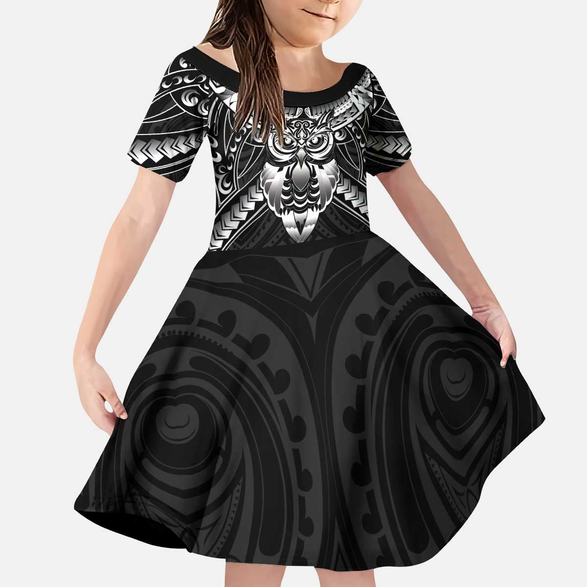 New Zealand Morepork Kid Short Sleeve Dress Maori Pattern Black LT05 KID Black - Polynesian Pride