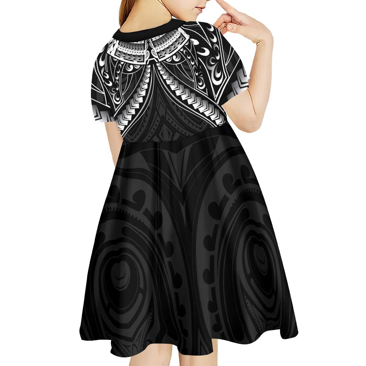 New Zealand Morepork Kid Short Sleeve Dress Maori Pattern Black LT05 - Polynesian Pride
