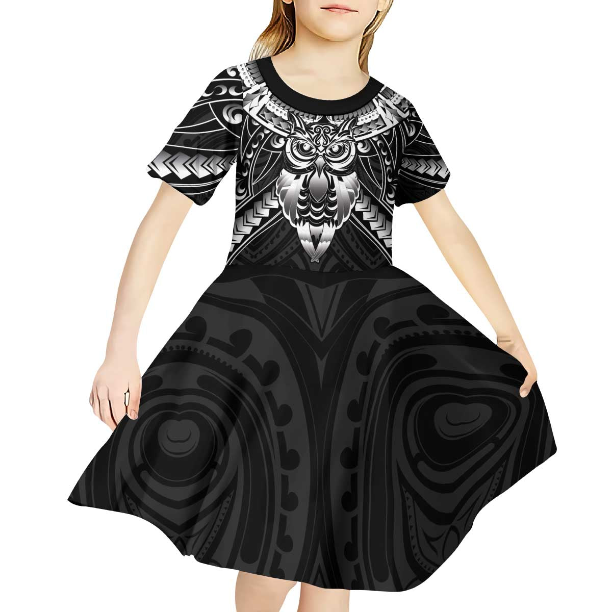 New Zealand Morepork Kid Short Sleeve Dress Maori Pattern Black LT05 - Polynesian Pride