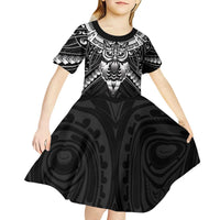 New Zealand Morepork Kid Short Sleeve Dress Maori Pattern Black LT05 - Polynesian Pride