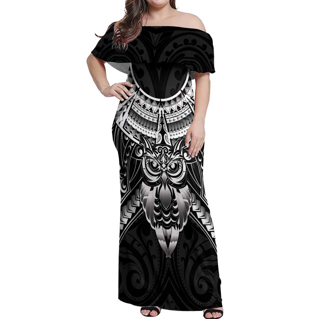 New Zealand Morepork Off Shoulder Maxi Dress Maori Pattern Black LT05 Women Black - Polynesian Pride