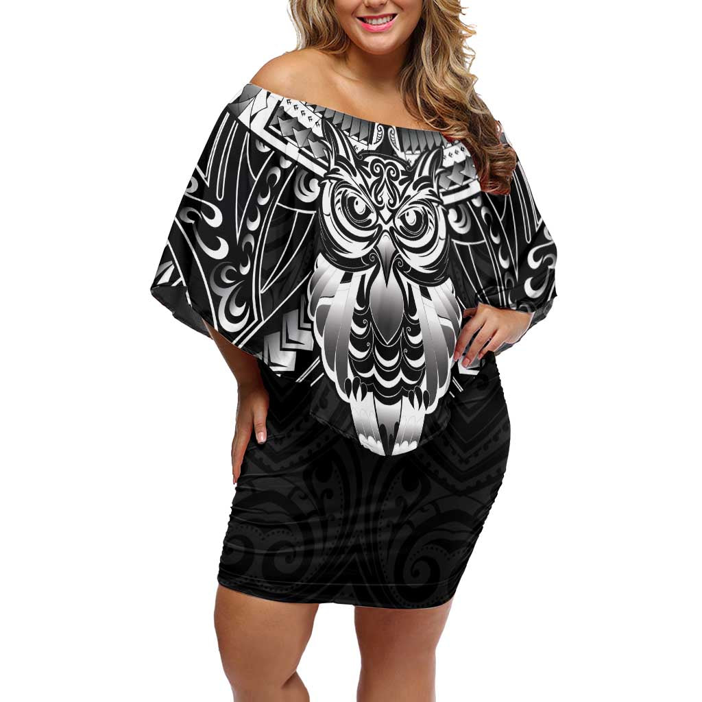 New Zealand Morepork Off Shoulder Short Dress Maori Pattern Black LT05 Women Black - Polynesian Pride