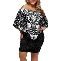 New Zealand Morepork Off Shoulder Short Dress Maori Pattern Black LT05 Women Black - Polynesian Pride