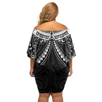 New Zealand Morepork Off Shoulder Short Dress Maori Pattern Black LT05 - Polynesian Pride