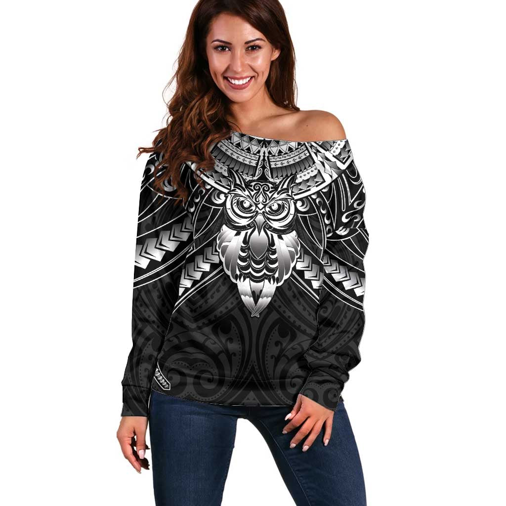 New Zealand Morepork Off Shoulder Sweater Maori Pattern Black LT05 Women Black - Polynesian Pride