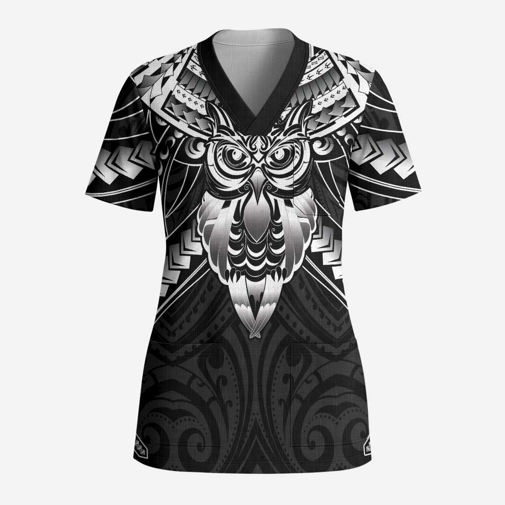 New Zealand Morepork Scrub Top Maori Pattern Black LT05 Adult Black - Polynesian Pride