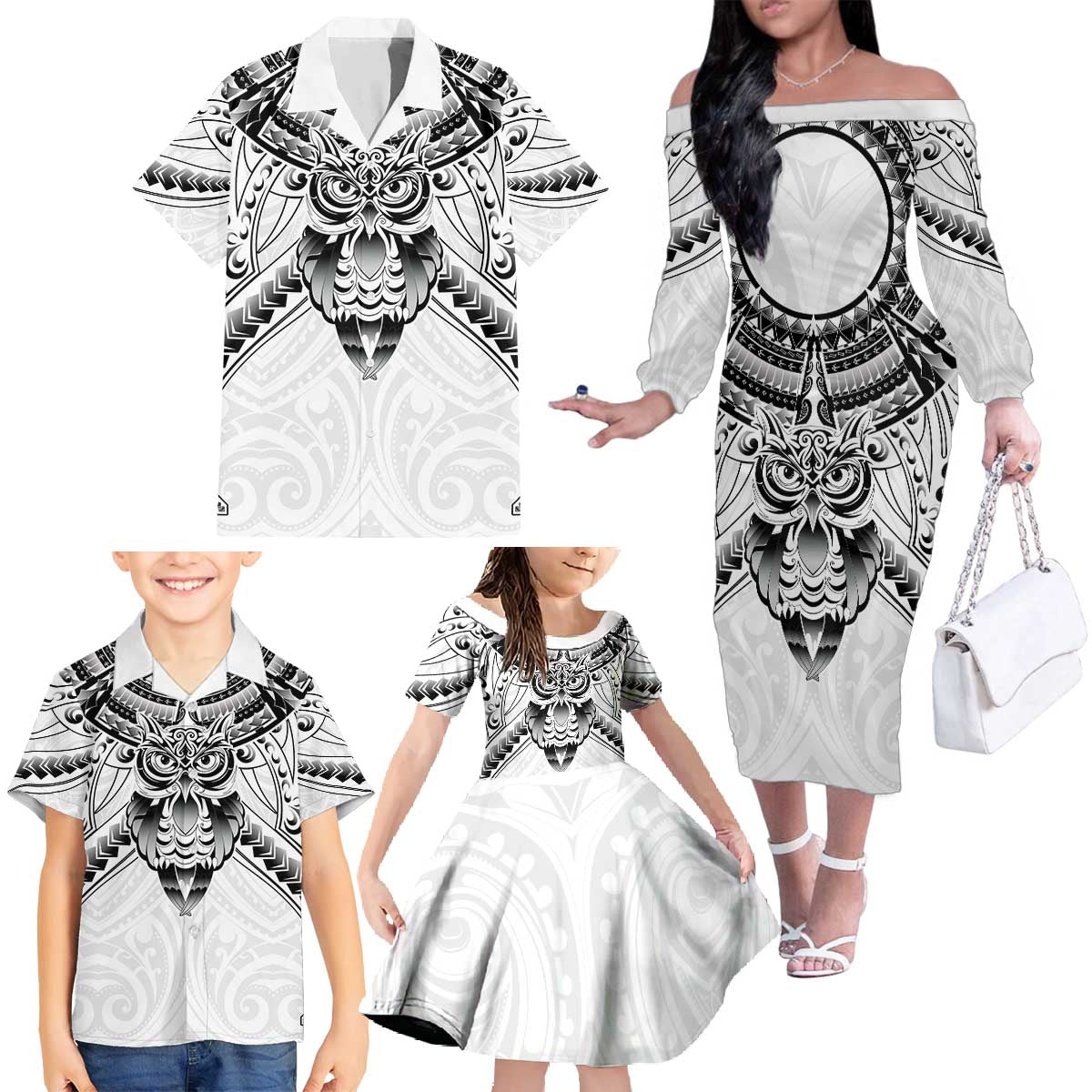 New Zealand Morepork Family Matching Off The Shoulder Long Sleeve Dress and Hawaiian Shirt Maori Pattern White