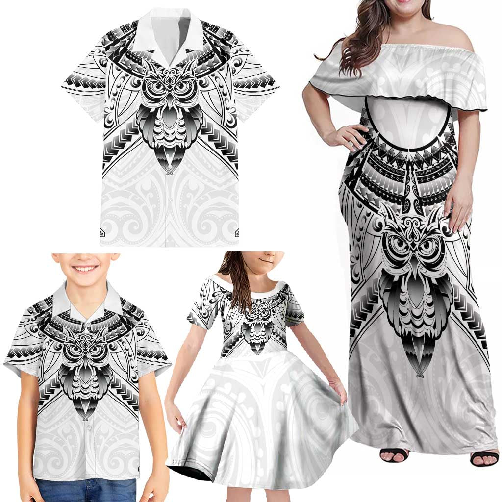 New Zealand Morepork Family Matching Off Shoulder Maxi Dress and Hawaiian Shirt Maori Pattern White