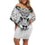 New Zealand Morepork Family Matching Off Shoulder Short Dress and Hawaiian Shirt Maori Pattern White