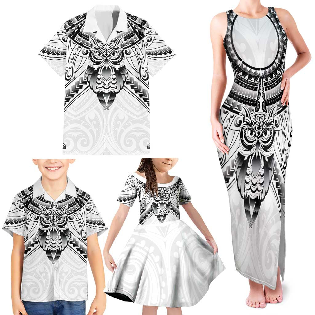 New Zealand Morepork Family Matching Tank Maxi Dress and Hawaiian Shirt Maori Pattern White