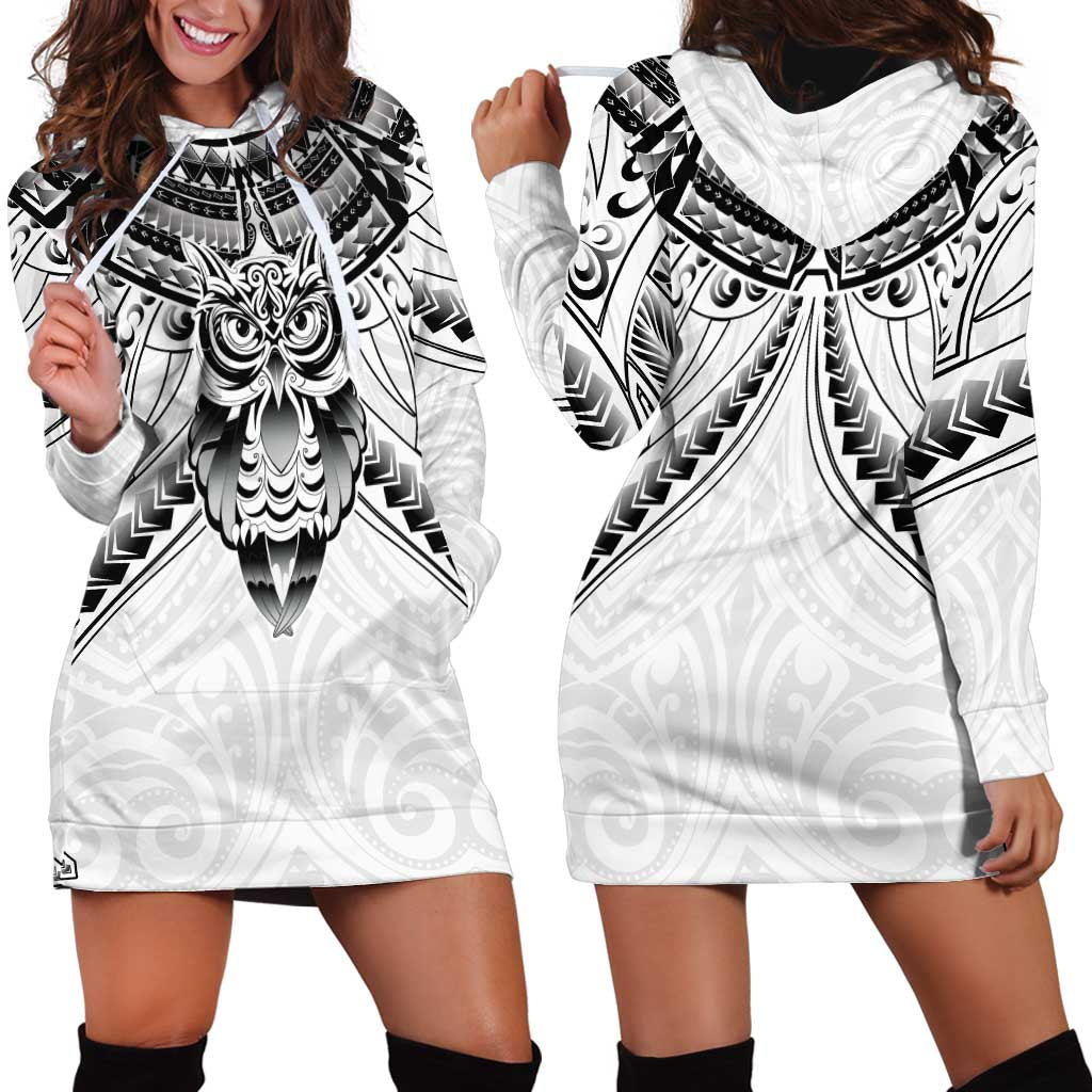 New Zealand Morepork Hoodie Dress Maori Pattern White LT05 - Polynesian Pride