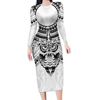 New Zealand Morepork Long Sleeve Bodycon Dress Maori Pattern White LT05 Long Dress White - Polynesian Pride