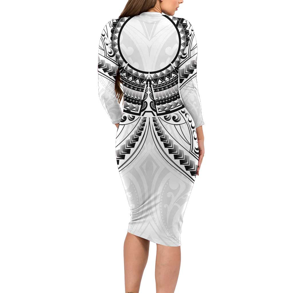 New Zealand Morepork Long Sleeve Bodycon Dress Maori Pattern White LT05 - Polynesian Pride