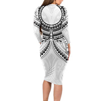 New Zealand Morepork Long Sleeve Bodycon Dress Maori Pattern White LT05 - Polynesian Pride
