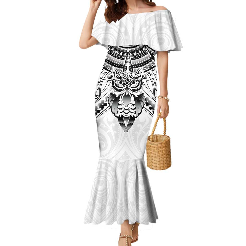 New Zealand Morepork Mermaid Dress Maori Pattern White LT05 Women White - Polynesian Pride