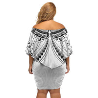 New Zealand Morepork Off Shoulder Short Dress Maori Pattern White LT05 - Polynesian Pride