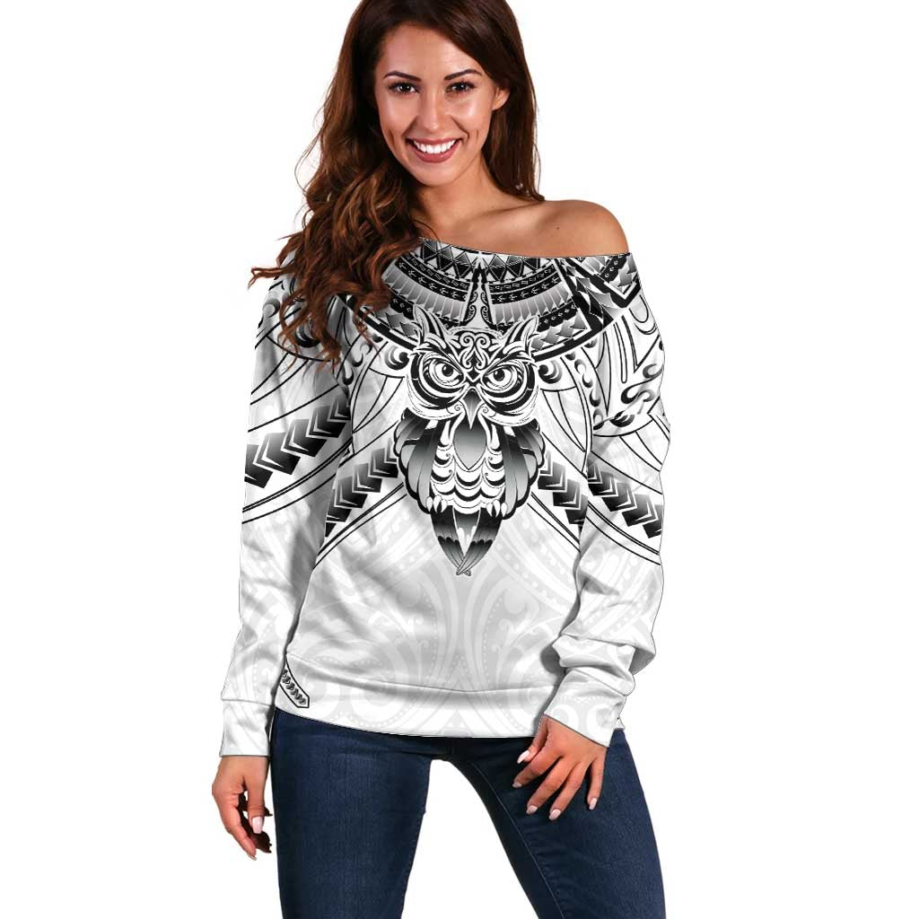 New Zealand Morepork Off Shoulder Sweater Maori Pattern White LT05 Women White - Polynesian Pride