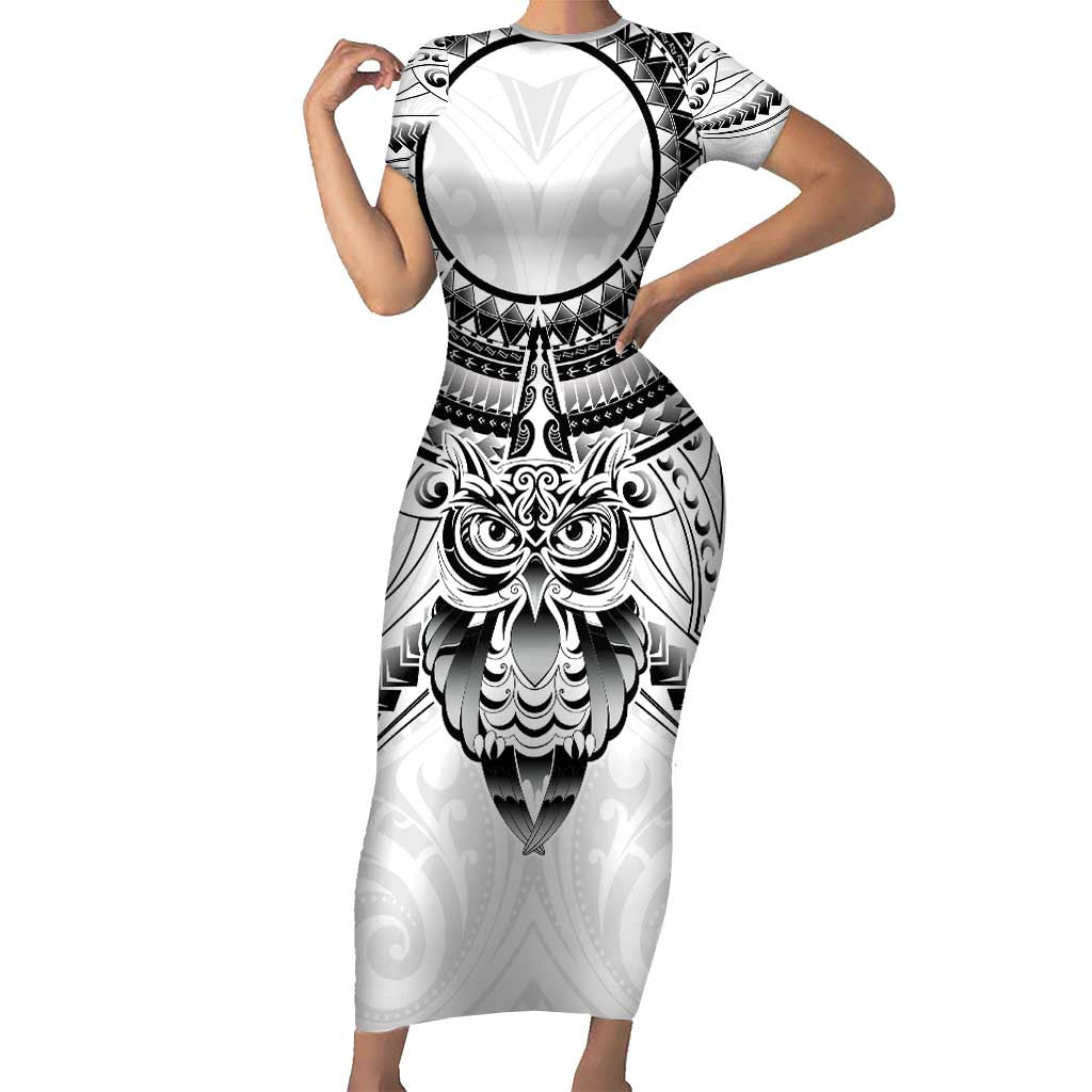 New Zealand Morepork Short Sleeve Bodycon Dress Maori Pattern White LT05 Long Dress White - Polynesian Pride