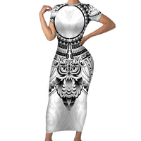 New Zealand Morepork Short Sleeve Bodycon Dress Maori Pattern White LT05 Long Dress White - Polynesian Pride