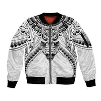 New Zealand Morepork Sleeve Zip Bomber Jacket Maori Pattern White LT05 Unisex White - Polynesian Pride