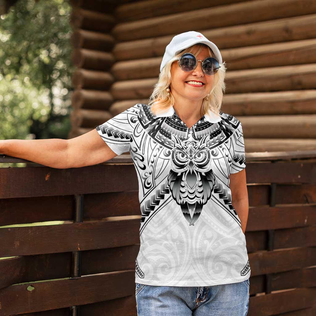 New Zealand Morepork Women Polo Shirt Maori Pattern White LT05 - Polynesian Pride