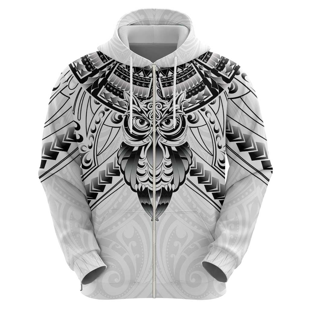 New Zealand Morepork Zip Hoodie Maori Pattern White LT05 - Polynesian Pride
