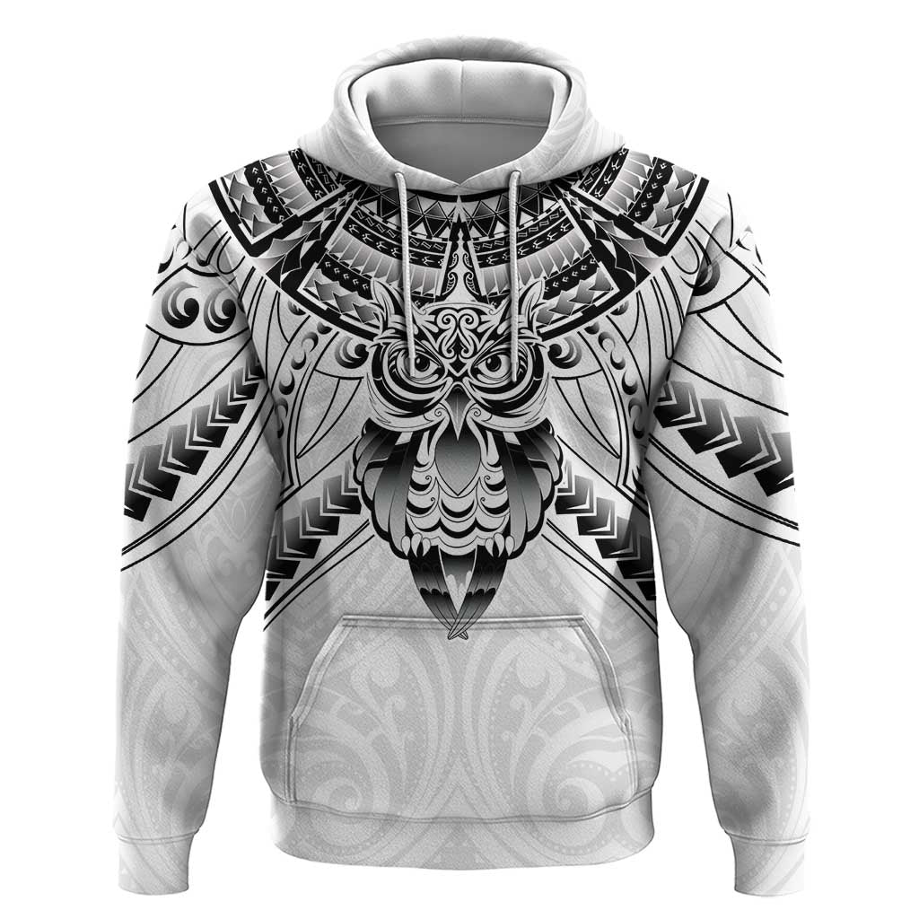 New Zealand Morepork Zip Hoodie Maori Pattern White LT05 Pullover Hoodie White - Polynesian Pride