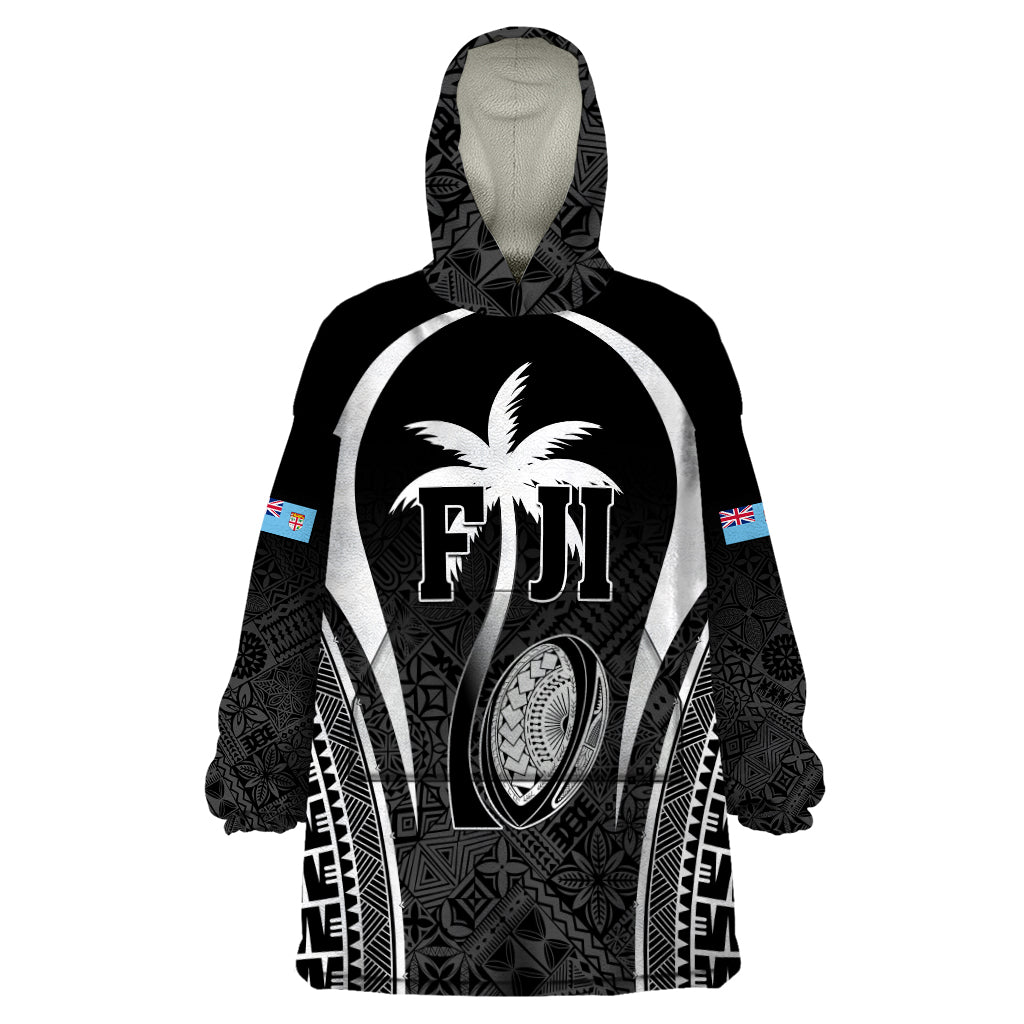 Custom Fiji Rugby Wearable Blanket Hoodie Fijian Warrior Black LT05 One Size Black - Polynesian Pride
