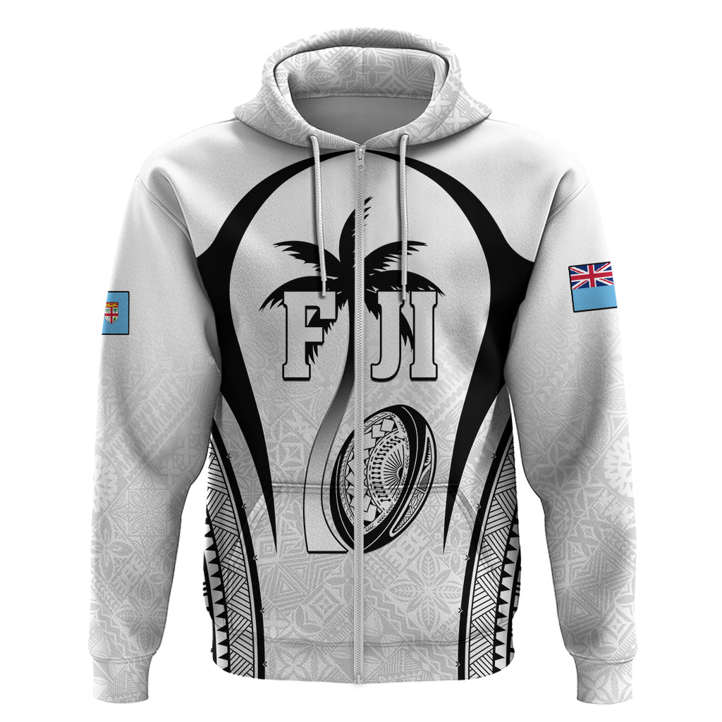 Custom Fiji Rugby Hoodie Fijian Warrior White LT05 Zip Hoodie White - Polynesian Pride
