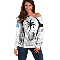 Custom Fiji Rugby Off Shoulder Sweater Fijian Warrior White LT05 Women White - Polynesian Pride