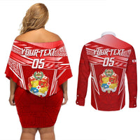 Custom Tonga Rugby Couples Matching Off Shoulder Short Dress and Long Sleeve Button Shirt Kupesi Ngatu Pattern LT05 - Polynesian Pride