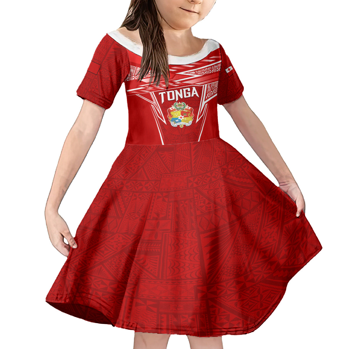 Custom Tonga Rugby Kid Short Sleeve Dress Kupesi Ngatu Pattern LT05 KID Red - Polynesian Pride