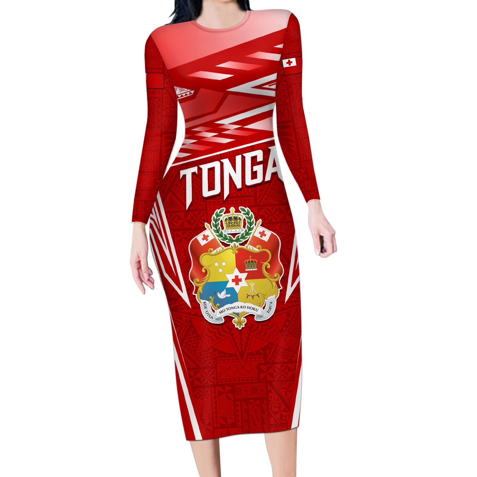 Custom Tonga Rugby Long Sleeve Bodycon Dress Kupesi Ngatu Pattern LT05 Long Dress Red - Polynesian Pride