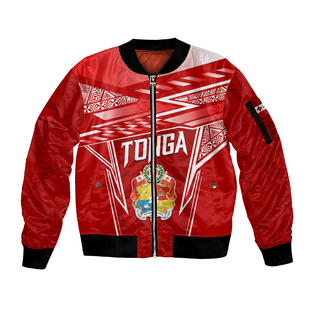 Custom Tonga Rugby Sleeve Zip Bomber Jacket Kupesi Ngatu Pattern LT05 Unisex Red - Polynesian Pride