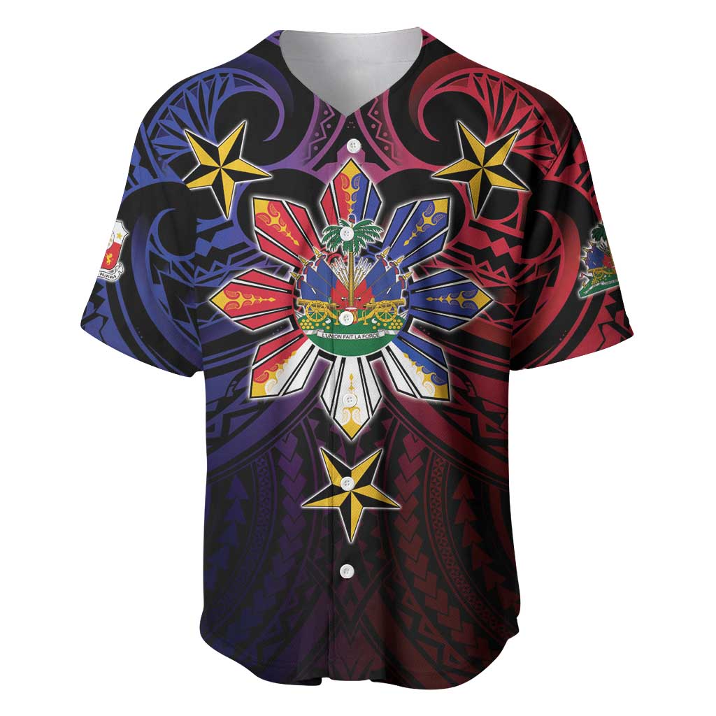 Haiti Philippines Baseball Jersey Haitian Coat Of Arms With Filipino Sun LT05 Black - Polynesian Pride