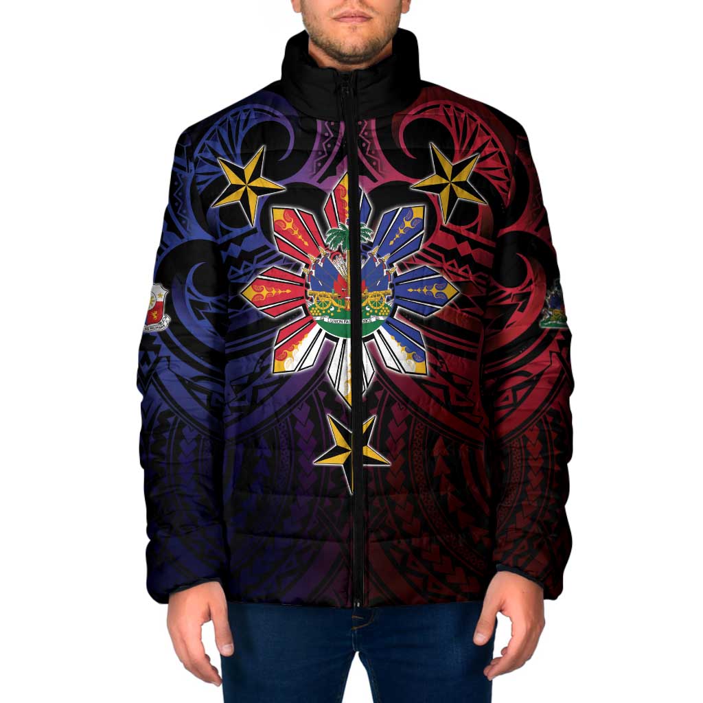 Haiti Philippines Padded Jacket Haitian Coat Of Arms With Filipino Sun LT05 Men Black - Polynesian Pride