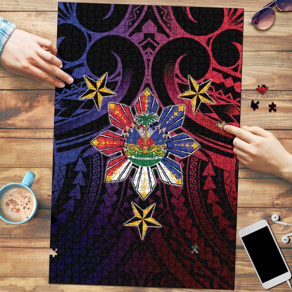 Haiti Philippines Puzzle Haitian Coat Of Arms With Filipino Sun LT05 Black - Polynesian Pride